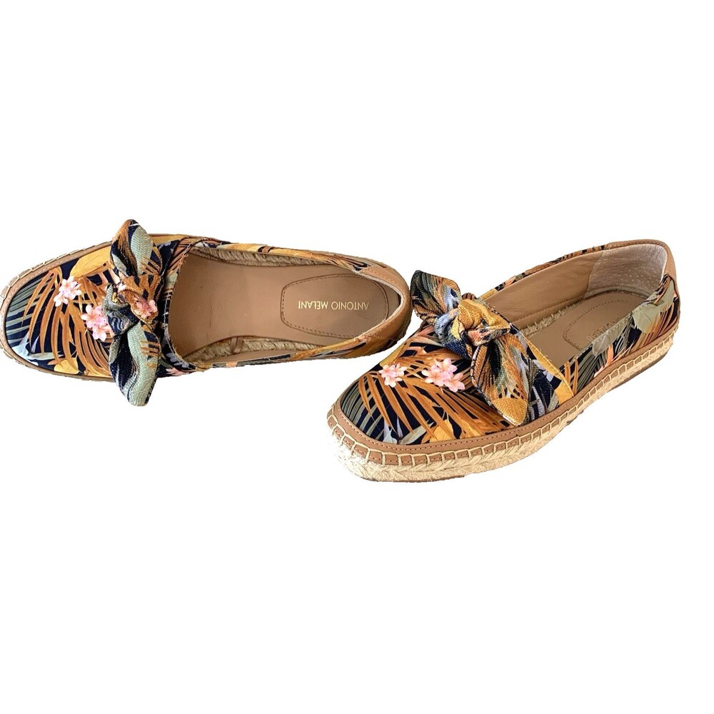 Antonio Melani Womens Size 7M Floral Print Bow Espadrilles Slip Ons Leather/Jute